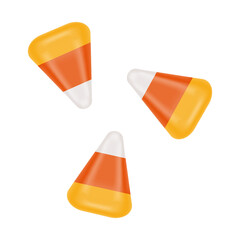 Three candy corns isolated on white background. Halloween sweet treat. Most popular fall confectionery in USA. Vector cartoon illustration.