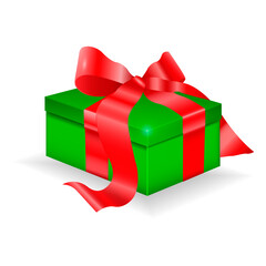 Green Christmas gift box with red bow isolated on white fon 