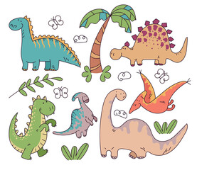 Children kid fun cartoon hand drawn doodle dinosaurs isolated set. Vector flat cartoon design illustration