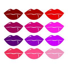 Set of different colored with lipstick lips. Vector illustration.