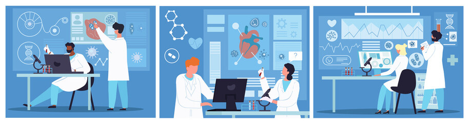 Group of diverse scientists work in laboratory. Professional genetic research lab, virus and blood researches. Water quality diagnostics. Hospital professional lab. Set of flat vector illustrations