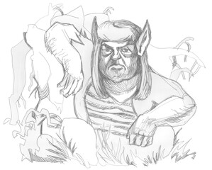Fototapeta na wymiar Goblin living in the forest. Ink sketch.
