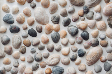 Light and gray seashells lie on white paper. Natural background.