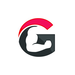 Letter G and biceps hand icon. Logo design. Vector Illustration.