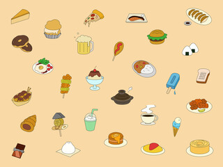 線画カラーイラストの食べ物アイコンセット