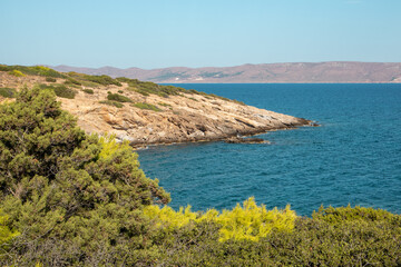 Rocky with green pine bushes, wild cliffs, sea shore landscape near Athens, Greece. Vibrant colorful summer view with blue clear Mediterranean sea