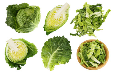 Savoy cabbage isolated on white background with full depth of field, Set or collection