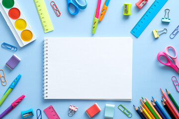 Back to school concept. Flat lay style composition with stationery and notepad on blue background. Top view, overhead