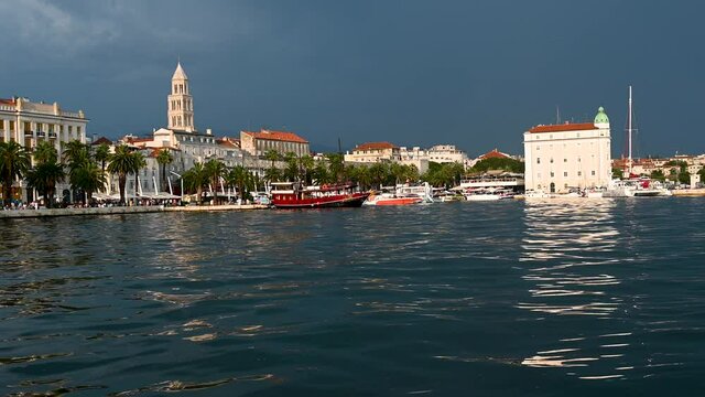 Old town of Split, Dalmatia, Croatia. Panorama. Adriatic sea. Palace of Diocletian, Riva promenade, Bell tower, Cathedral of Saint Domnius.