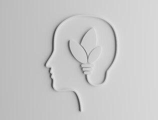 3D rendering of a silhouette of a head made of electrical cable bringing electricity to a lightbulb made of leaves, conceptualization of sustainability, green economy, innovation and cleantech 