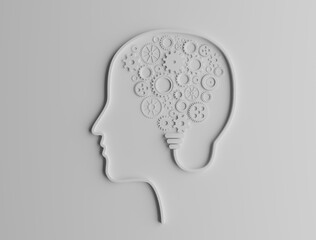 3D rendering of a silhouette of a head made of electrical cable bringing electricity to a many gears and cogs, conceptualization of idea generation, innovation, ingenuity and inspiration