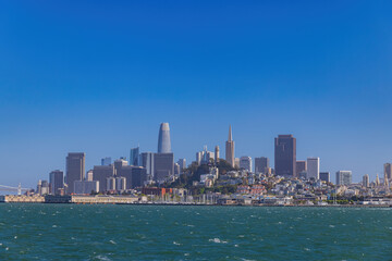 Fototapeta na wymiar Sunny view of the San Francisco skyline from Alcatraz island