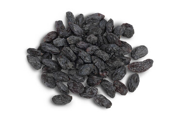 Black raisin isolated on white background with clipping path. Top view. Flat lay