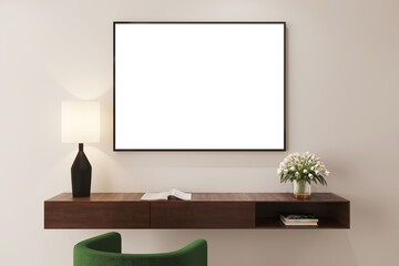 Mockup para cuadro horizontal sobre repisa de madera, 3d render