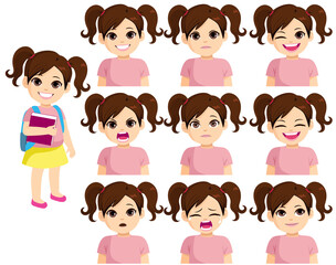 Preschooler white brunette girl ready back to school concept making nine different expressions