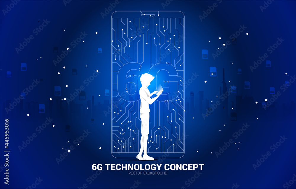 Poster Silhouette of man use mobile phone with 6G dot connect line circuit board style mobile phone icon. Concept for data transfer of mobile data network.
