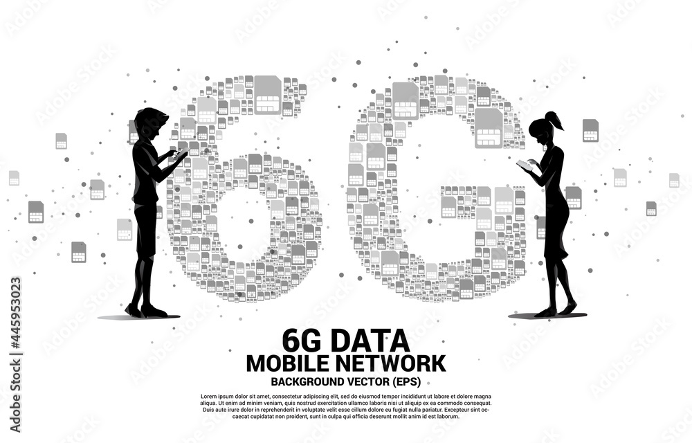 Poster Silhouette of man and woman use mobile phone with 6G from mobile sim card networking. Concept for mobile telecommunication global network.