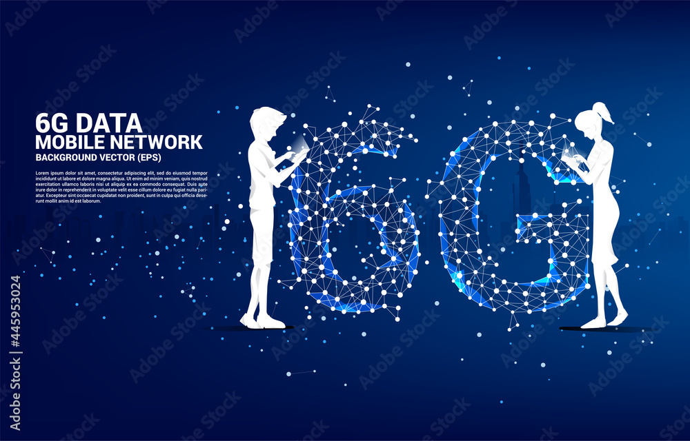 Poster Silhouette of man and woman use mobile phone standing with Polygon dot connect line shaped 6G mobile network. Concept for mobile phone data technology.