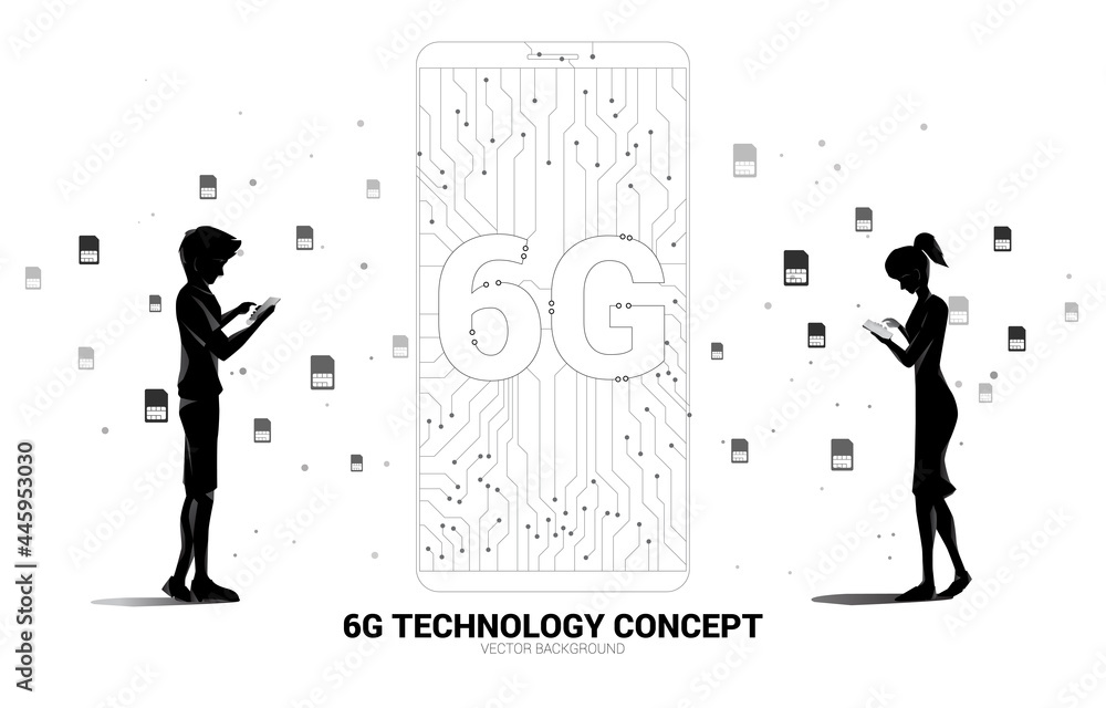 Poster Silhouette of man and woman use mobile phone with 6G dot connect line circuit board style mobile phone icon. Concept for data transfer of mobile data network.