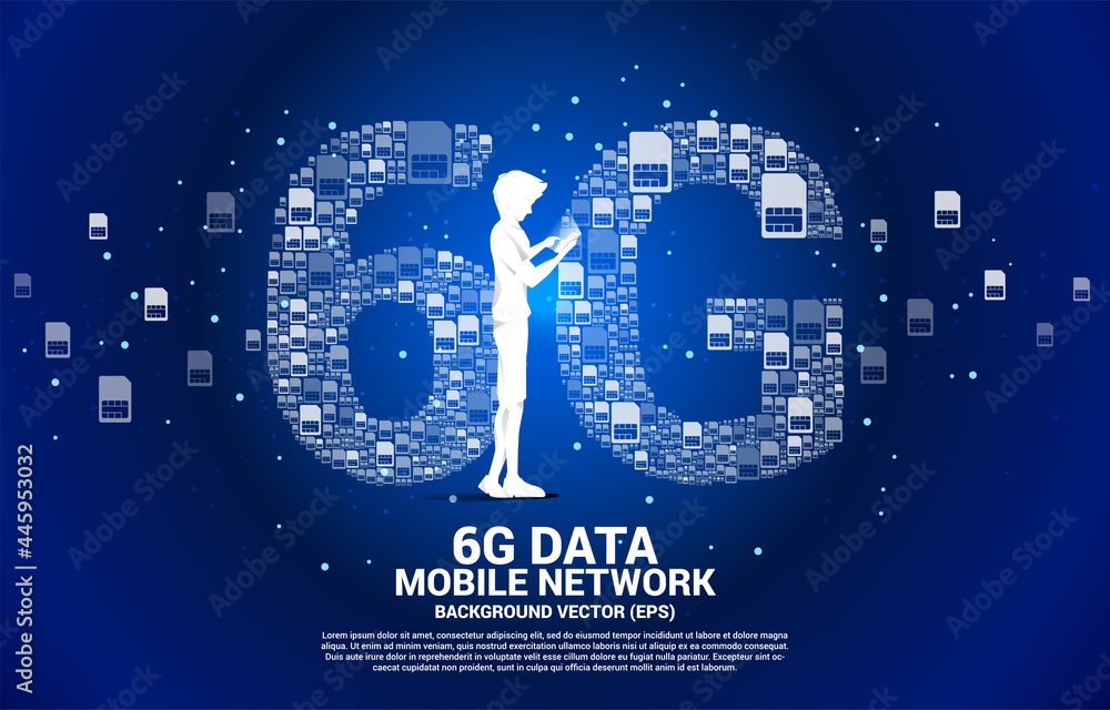 Poster Silhouette of man use mobile phone with 6G from mobile sim card networking. Concept for mobile telecommunication global network.