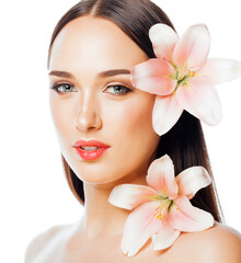 young attractive lady close up with hands on face isolated flower lily brunette spa nude makeup macro
