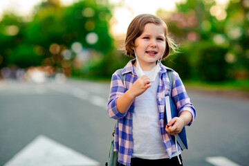 a schoolgirl is standing on the road in a plaid shirt and a medical mask, with a school backpack and a diary in her hands