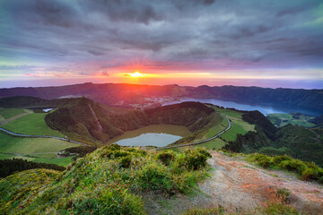 Grota do Inferno viewpoint at sunset. A magnificent view over several lagoons at sunset. São...