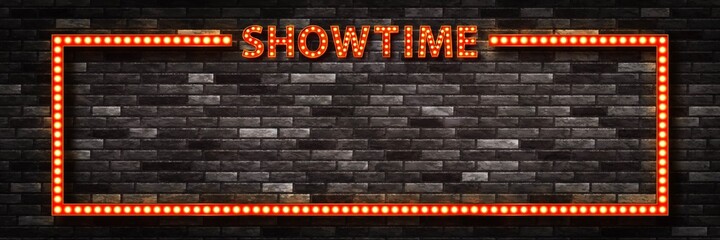 Vector realistic isolated retro marquee billboard with electric light lamps of Showtime frame logo for invitation on the wall background.