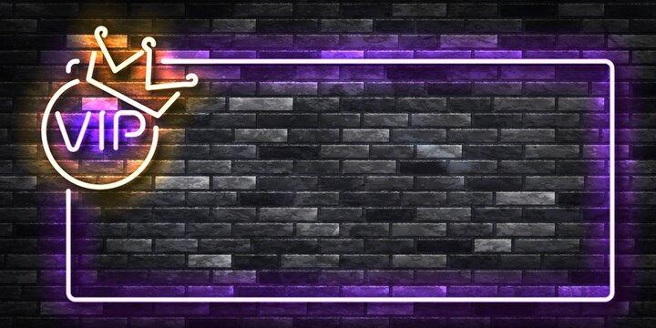 Vector realistic isolated neon sign of VIP frame for template decoration and covering on the wall background. Concept of luxury and premium.