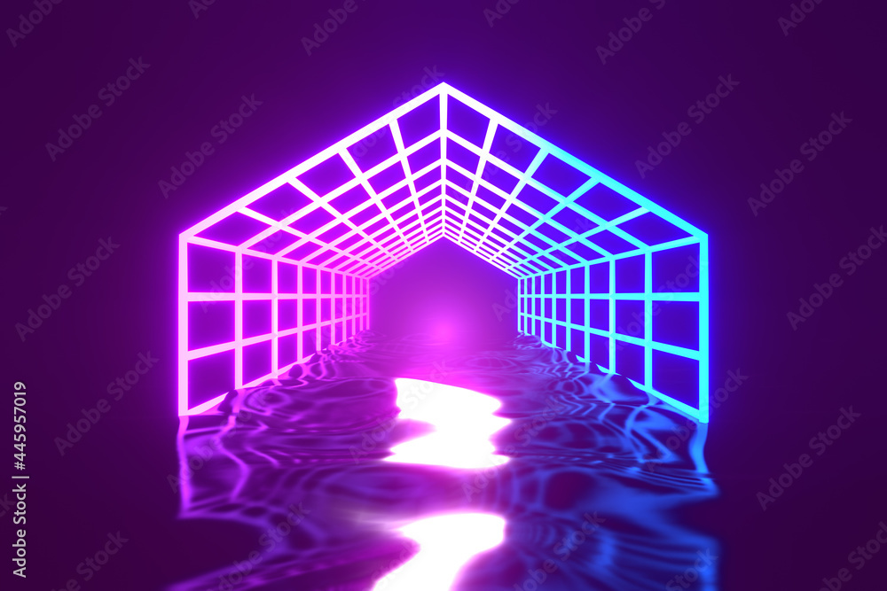 Poster 3D rendering background. Dark future background and Hexagon wireframe with blue light reflection.