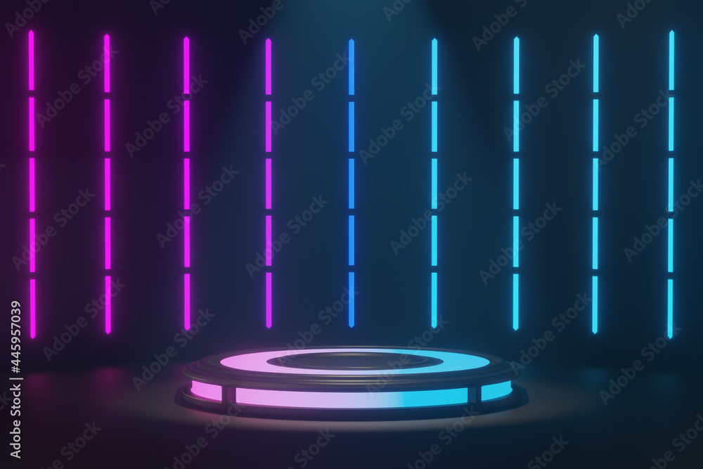 Poster 3d rendering background. dark future background and empty stage with purple blue light, future moder