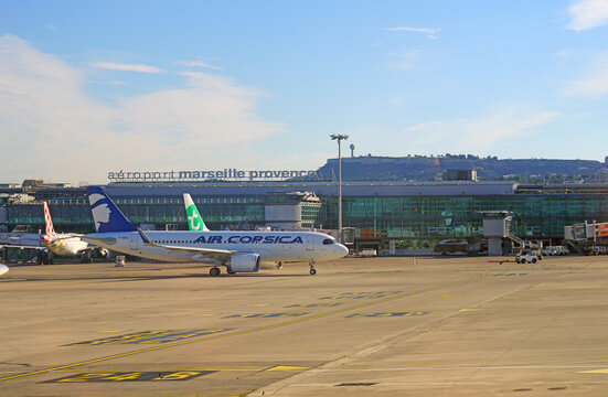 MARSEILLE, FRANCE -29 JUN 2021- View of an Airbus A320 airplane from Air Corsica (XK) at the Marseille Provence Airport (MRS)  in Marignane Bouches-du-Rhone, France.