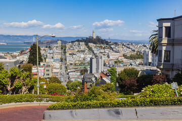 Sunny view of the Coit Tower and cityscape