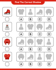 Find the correct shadow. Find and match the correct shadow of Boxing Gloves, Shuttlecock, Boxing Helmet, and Ice Skates. Educational children game, printable worksheet, vector illustration