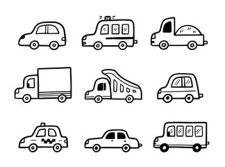 Doodle car set. Funny sketch scribble style. Hand drawn toy car vector illustration.