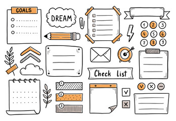 Bullet journal hand drawn element set, sticker, planner label. Doodle sketch scribble style. Bullet journal vector illustration for diary decoration