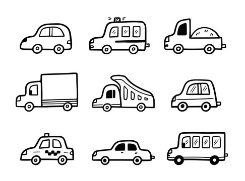 Doodle car set. Funny sketch scribble style. Hand drawn toy car vector illustration.