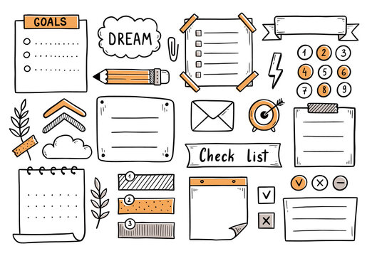 Bullet journal hand drawn element set, sticker, planner label. Doodle sketch scribble style. Bullet journal vector illustration for diary decoration