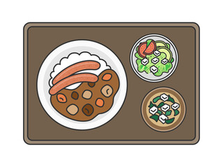 ソーセージカレーライスの定食のイラスト