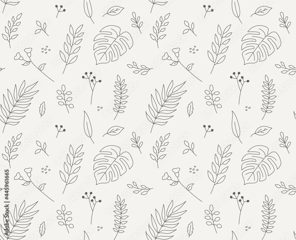 Poster leaves textile pattern drawn with thin lines. simple pattern design template.