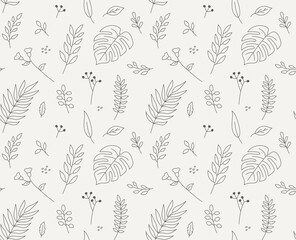 Leaves textile pattern drawn with thin lines. Simple pattern design template.