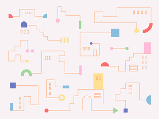 Lines create a building silhouette, and cute shapes are decorated. Simple pattern design template.