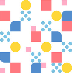 Multi-colored circles and square dots form a pattern. Simple pattern design template.