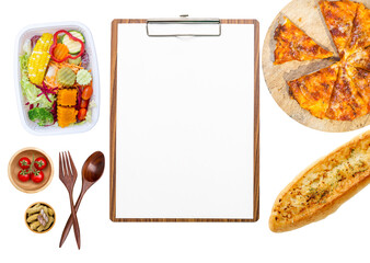 Healthy food vs junck food with clipboard on white background, nutrition food