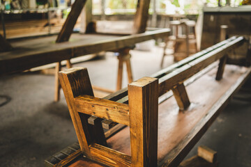 wood material industrial background, carpenter machine equipment for wooden construction factory, work about natural wood plank texture pattern in brown color