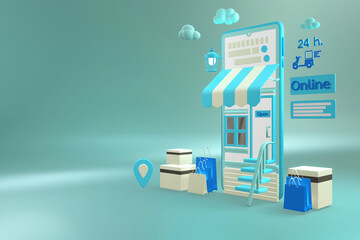 Shopping online and delivery on popular mobile applications around the world with light blue phone and boxes, gifts on gradient light blue background.3D rendering