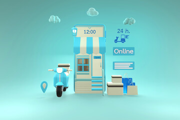 Shopping online and delivery on popular mobile applications around the world with light blue phone and the light blue motorcycle on gradient light blue background.3D rendering