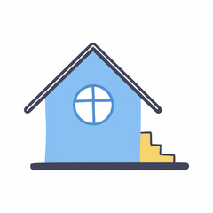 Small blue house with steps and round window. Cute vector illustration for children greeting card. Drawing in doodle style.