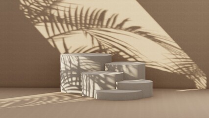 Premium podium on pastel Background for product display, Abstract geometric composition with branch and shadow on the wall -3D render. Mock up for exhibitions. Promotion.