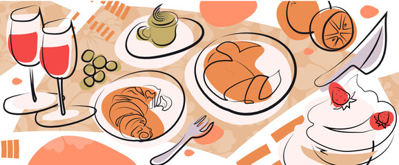 picnic wine croissant coffe and cupcake